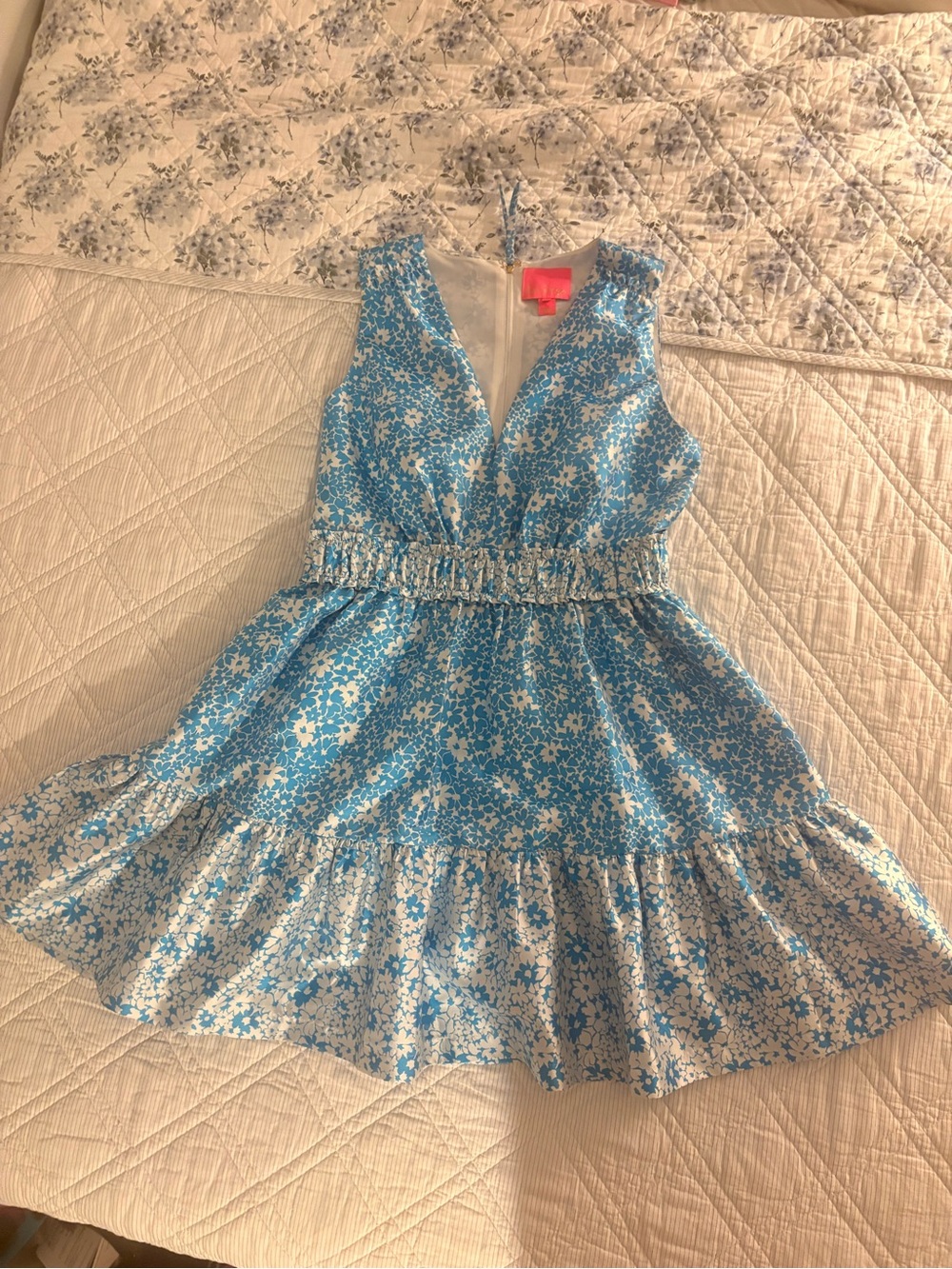 Lilly Pulitzer Blue Floral V-Neck Tiered Dress